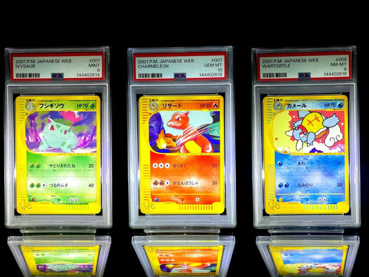 Ivysaur & Charmeleon & Wartortle sequential set / 2001 P.M. JAPANESE WEB / 001 & 007 & 009 / N/A / PSA 9 & 10 & 8 / Cert 144402614 & 144402615 & 144402616 - TCG Slab Japan