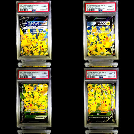 Pikachu V-UNION & Pikachu V-UNION & Pikachu V-UNION & Pikachu V-UNION sequential set / 2021 POKEMON JAPANESE 25TH ANNIVERSARY COLL. / 025 & 026 & 027 & 028 / GEM MT / PSA 10 / Cert 156683082 & 156683083 & 156683084 & 156683085 - TCG Slab Japan
