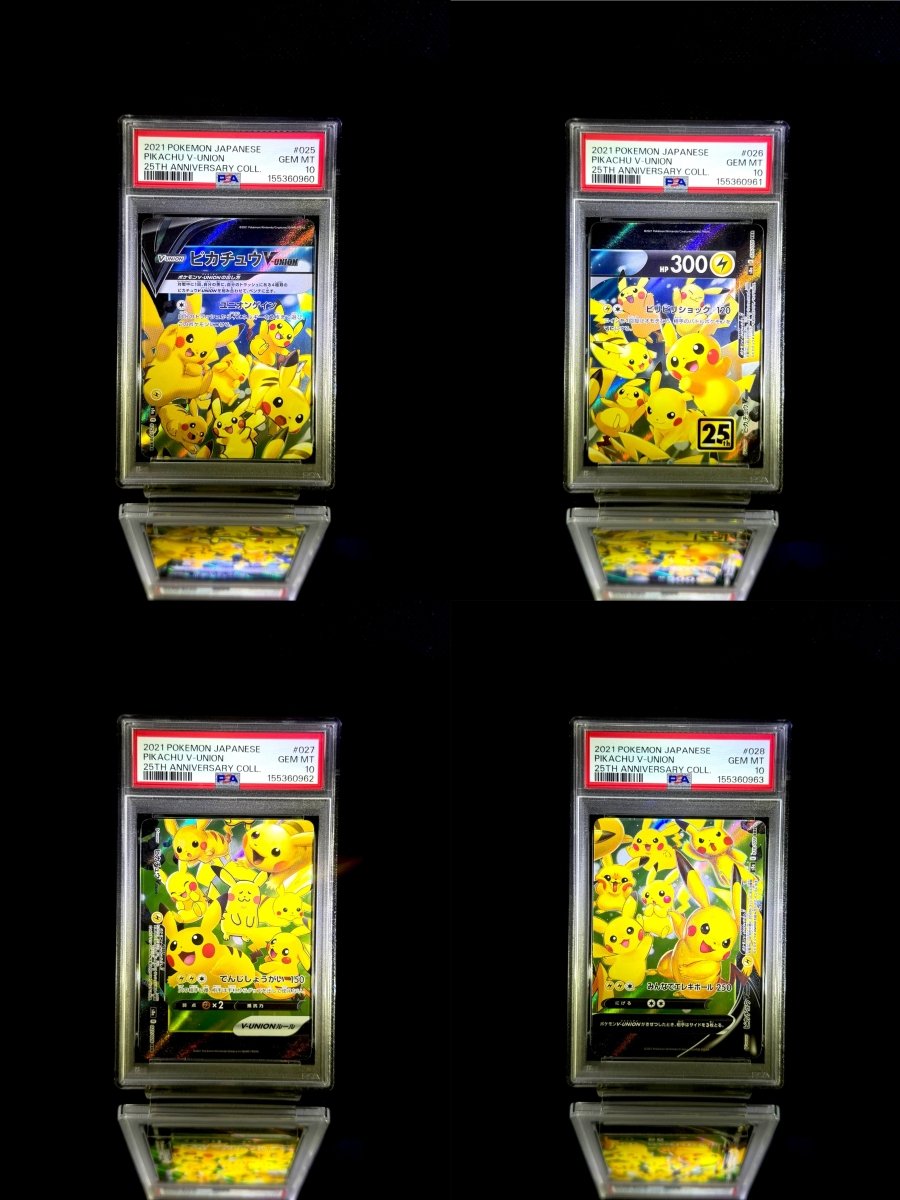 Pikachu V-UNION & Pikachu V-UNION & Pikachu V-UNION & Pikachu V-UNION sequential set / 2021 POKEMON JAPANESE 25TH ANNIVERSARY COLL. / 025 & 026 & 027 & 028 / GEM MT / PSA 10 / Cert 155360960 & 155360961 & 155360962 & 155360963 - TCG Slab Japan