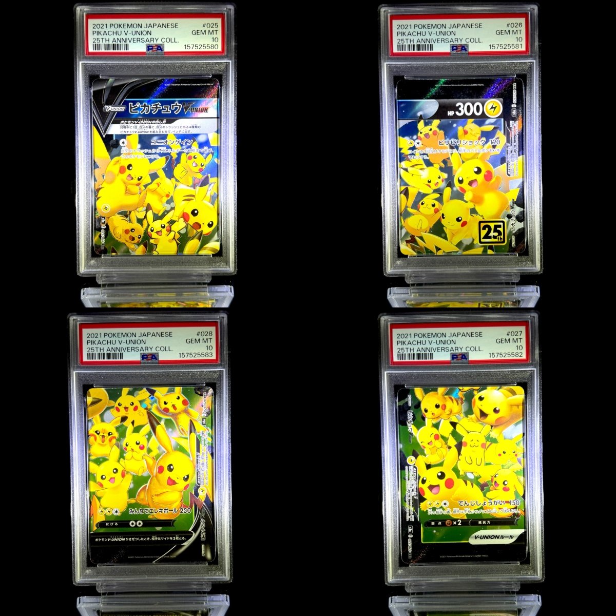 Pikachu V-UNION sequential set / 2021 POKEMON JAPANESE 25TH ANNIVERSARY COLL. / 025 & 026 & 027 & 028 / GEM MT / PSA 10 / Cert 157525580 & 157525581 & 157525582 & 157525583 - TCG Slab Japan